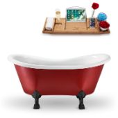  62'' Red Exterior White Interior Black Clawfoot Tub, Included Internal Drain In Polished Chrome and FREE Natural Bamboo Wood Tray, 62-3/16''W x 30-11/16''D x 30-5/16''H