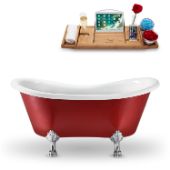  62'' Red Exterior White Interior Chrome Clawfoot Tub, Included Internal Drain In Polished Chrome and FREE Natural Bamboo Wood Tray, 62-3/16''W x 30-11/16''D x 30-5/16''H