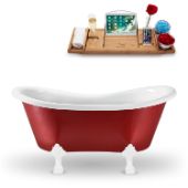  62'' Red Exterior White Interior White Clawfoot Tub, Included Internal Drain In Polished Chrome and FREE Natural Bamboo Wood Tray, 62-3/16''W x 30-11/16''D x 30-5/16''H
