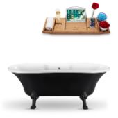  68'' Black Exterior White Interior Black Clawfoot Bathtub, Included External Drain In Polished Chrome, and FREE Natural Bamboo Wood Tray, 68''W x 33-7/8''D x 23-5/8''H