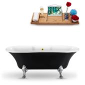  68'' Black Exterior White Interior Chrome Clawfoot Bathtub, Included External Drain In Polished Gold, and FREE Natural Bamboo Wood Tray, 68''W x 33-7/8''D x 23-5/8''H