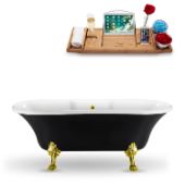  68'' Black Exterior White Interior Gold Clawfoot Bathtub, Included External Drain In Polished Gold, and FREE Natural Bamboo Wood Tray, 68''W x 33-7/8''D x 23-5/8''H