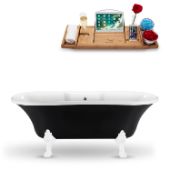  68'' Black Exterior White Interior White Clawfoot Bathtub, Included External Drain In Polished Chrome, and FREE Natural Bamboo Wood Tray, 68''W x 33-7/8''D x 23-5/8''H