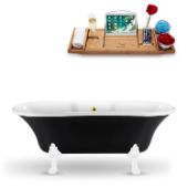  68'' Black Exterior White Interior White Clawfoot Bathtub, Included External Drain In Polished Gold, and FREE Natural Bamboo Wood Tray, 68''W x 33-7/8''D x 23-5/8''H