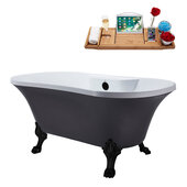  N105 60'' Vintage Oval Soaking Clawfoot Bathtub, Grey Exterior, White Interior, Black Clawfoot, Black External Drain, w/ Tray