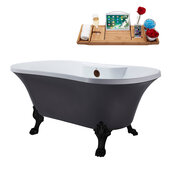  N105 60'' Vintage Oval Soaking Clawfoot Tub, Grey Exterior, White Interior, Black Clawfoot, Oil Rubbed Bronze External Drain, w/ Bamboo Tray