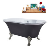  N105 60'' Vintage Oval Soaking Clawfoot Bathtub, Grey Exterior, White Interior, Nickel Clawfoot, Chrome External Drain, w/ Tray