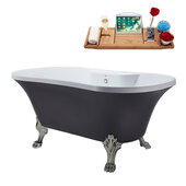  N105 60'' Vintage Oval Soaking Clawfoot Bathtub, Grey Exterior, White Interior, Nickel Clawfoot, White External Drain, w/ Tray