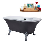  N105 60'' Vintage Oval Soaking Clawfoot Bathtub, Grey Exterior, White Interior, Chrome Clawfoot, Black External Drain, w/ Tray