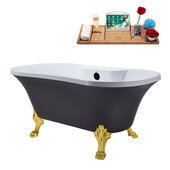  N105 60'' Vintage Oval Soaking Clawfoot Bathtub, Grey Exterior, White Interior, Gold Clawfoot, Black Internal External Drain, w/ Tray