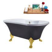  N105 60'' Vintage Oval Soaking Clawfoot Bathtub, Grey Exterior, White Interior, Gold Clawfoot, Nickel External Drain, w/ Tray