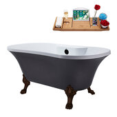  N105 60'' Vintage Oval Soaking Clawfoot Tub, Grey Exterior, White Interior, Oil Rubbed Bronze Clawfoot, Black External Drain, w/ Bamboo Tray