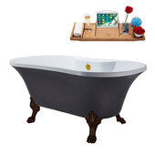  N105 60'' Vintage Oval Soaking Clawfoot Tub, Grey Exterior, White Interior, Oil Rubbed Bronze Clawfoot, Gold External Drain, w/ Bamboo Tray