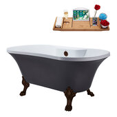  N105 60'' Vintage Oval Soaking Clawfoot Tub, Grey Exterior, White Interior, Oil Rubbed Bronze Clawfoot, ORB External Drain, w/ Bamboo Tray