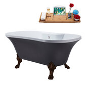  N105 60'' Vintage Oval Soaking Clawfoot Tub, Grey Exterior, White Interior, Oil Rubbed Bronze Clawfoot, White External Drain, w/ Bamboo Tray