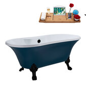  N106 60'' Vintage Oval Soaking Clawfoot Bathtub, Light Blue Exterior, White Interior, Black Clawfoot, Black External Drain, w/ Tray