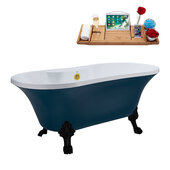 N106 60'' Vintage Oval Soaking Clawfoot Bathtub, Light Blue Exterior, White Interior, Black Clawfoot, Gold External Drain, w/ Tray