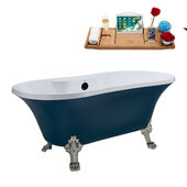  N106 60'' Vintage Oval Soaking Clawfoot Bathtub, Light Blue Exterior, White Interior, Nickel Clawfoot, Black External Drain, w/ Tray