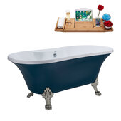  N106 60'' Vintage Oval Soaking Clawfoot Bathtub, Light Blue Exterior, White Interior, Nickel Clawfoot, Chrome External Drain, w/ Tray