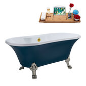  N106 60'' Vintage Oval Soaking Clawfoot Bathtub, Light Blue Exterior, White Interior, Nickel Clawfoot, Gold External Drain, w/ Tray