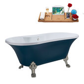  N106 60'' Vintage Oval Soaking Clawfoot Bathtub, Light Blue Exterior, White Interior, Nickel Clawfoot, White External Drain, w/ Tray