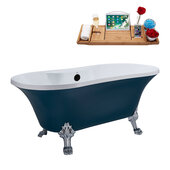  N106 60'' Vintage Oval Soaking Clawfoot Bathtub, Light Blue Exterior, White Interior, Chrome Clawfoot, Black External Drain, w/ Tray