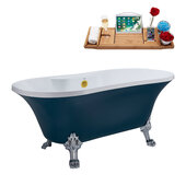  N106 60'' Vintage Oval Soaking Clawfoot Bathtub, Light Blue Exterior, White Interior, Chrome Clawfoot, Gold External Drain, w/ Tray
