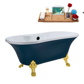  N106 60'' Vintage Oval Soaking Clawfoot Bathtub, Light Blue Exterior, White Interior, Gold Clawfoot, Black External Drain, w/ Tray