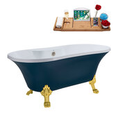  N106 60'' Vintage Oval Soaking Clawfoot Bathtub, Light Blue Exterior, White Interior, Gold Clawfoot, Nickel External Drain, w/ Tray