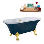  N106 60'' Vintage Oval Soaking Clawfoot Bathtub, Light Blue Exterior, White Interior, Gold Clawfoot, Gold External Drain, w/ Tray