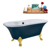  N106 60'' Vintage Oval Soaking Clawfoot Tub, Light Blue Exterior, White Interior, Gold Clawfoot, Oil Rubbed Bronze External Drain, w/ Tray