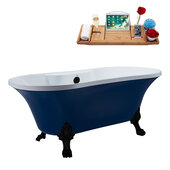  N107 60'' Vintage Oval Soaking Clawfoot Bathtub, Dark Blue Exterior, White Interior, Black Clawfoot, Black External Drain, w/ Tray