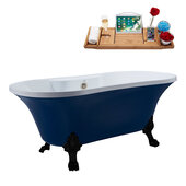  N107 60'' Vintage Oval Soaking Clawfoot Bathtub, Dark Blue Exterior, White Interior, Black Clawfoot, Nickel External Drain, w/ Tray