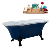  N107 60'' Vintage Oval Soaking Clawfoot Bathtub, Dark Blue Exterior, White Interior, Black Clawfoot, White External Drain, w/ Tray