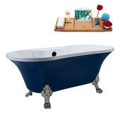  N107 60'' Vintage Oval Soaking Clawfoot Bathtub, Dark Blue Exterior, White Interior, Nickel Clawfoot, Black External Drain, w/ Tray