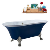  N107 60'' Vintage Oval Soaking Clawfoot Bathtub, Dark Blue Exterior, White Interior, Nickel Clawfoot, Nickel External Drain, w/ Tray