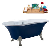 N107 60'' Vintage Oval Soaking Clawfoot Bathtub, Dark Blue Exterior, White Interior, Nickel Clawfoot, Chrome External Drain, w/ Tray