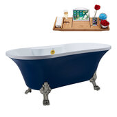  N107 60'' Vintage Oval Soaking Clawfoot Bathtub, Dark Blue Exterior, White Interior, Nickel Clawfoot, Gold External Drain, w/ Tray