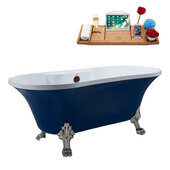  N107 60'' Vintage Oval Soaking Clawfoot Tub, Dark Blue Exterior, White Interior, Nickel Clawfoot, Oil Rubbed Bronze External Drain, w/ Tray