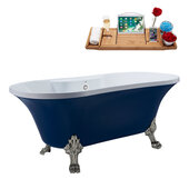  N107 60'' Vintage Oval Soaking Clawfoot Bathtub, Dark Blue Exterior, White Interior, Nickel Clawfoot, White External Drain, w/ Tray