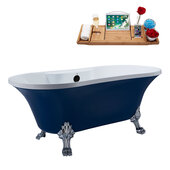  N107 60'' Vintage Oval Soaking Clawfoot Bathtub, Dark Blue Exterior, White Interior, Chrome Clawfoot, Black External Drain, w/ Tray