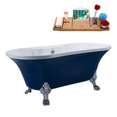  N107 60'' Vintage Oval Soaking Clawfoot Bathtub, Dark Blue Exterior, White Interior, Chrome Clawfoot, Nickel External Drain, w/ Tray