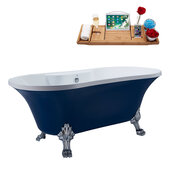  N107 60'' Vintage Oval Soaking Clawfoot Bathtub, Dark Blue Exterior, White Interior, Chrome Clawfoot, Chrome External Drain, w/ Tray