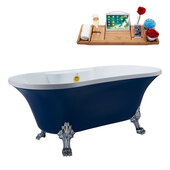  N107 60'' Vintage Oval Soaking Clawfoot Bathtub, Dark Blue Exterior, White Interior, Chrome Clawfoot, Gold External Drain, w/ Tray