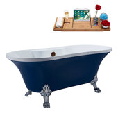  N107 60'' Vintage Oval Soaking Clawfoot Tub, Dark Blue Exterior, White Interior, Chrome Clawfoot, Oil Rubbed Bronze External Drain, w/ Tray