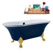  N107 60'' Vintage Oval Soaking Clawfoot Bathtub, Dark Blue Exterior, White Interior, Gold Clawfoot, Black External Drain, w/ Tray