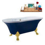  N107 60'' Vintage Oval Soaking Clawfoot Bathtub, Dark Blue Exterior, White Interior, Gold Clawfoot, Nickel External Drain, w/ Tray