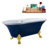  N107 60'' Vintage Oval Soaking Clawfoot Bathtub, Dark Blue Exterior, White Interior, Gold Clawfoot, Chrome External Drain, w/ Tray