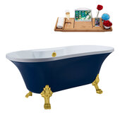  N107 60'' Vintage Oval Soaking Clawfoot Bathtub, Dark Blue Exterior, White Interior, Gold Clawfoot, Gold External Drain, w/ Tray