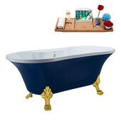  N107 60'' Vintage Oval Soaking Clawfoot Bathtub, Dark Blue Exterior, White Interior, Gold Clawfoot, White External Drain, w/ Tray